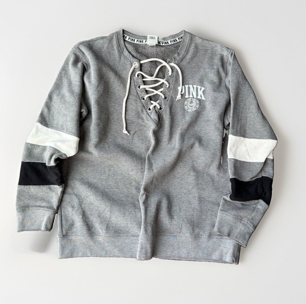 Victorias Secret PINK Lace Up Varsity Sweatshirt Gray White Stripe Pullover M